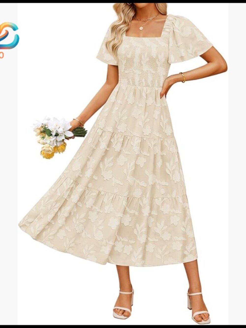 Flowy Midi Dress Short Sleeve Square Neck Casual Boho Summer Beach
